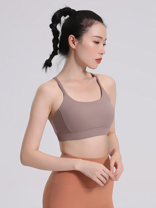 Skinny Wrap Hollow Solid Color V-Back Spaghetti-Neck Sports Bra