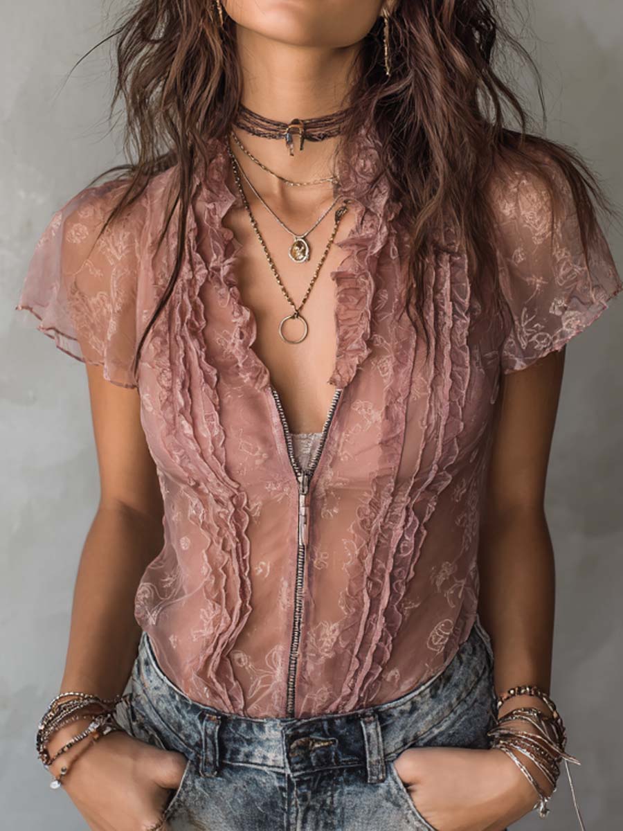 Retro Zipper Collar Ruffle Neck Chiffon Sheer Blouse