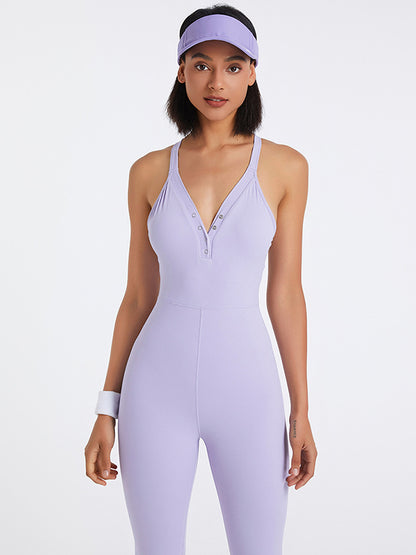 Lulu Solid Color Button Fitness Jumpsuit