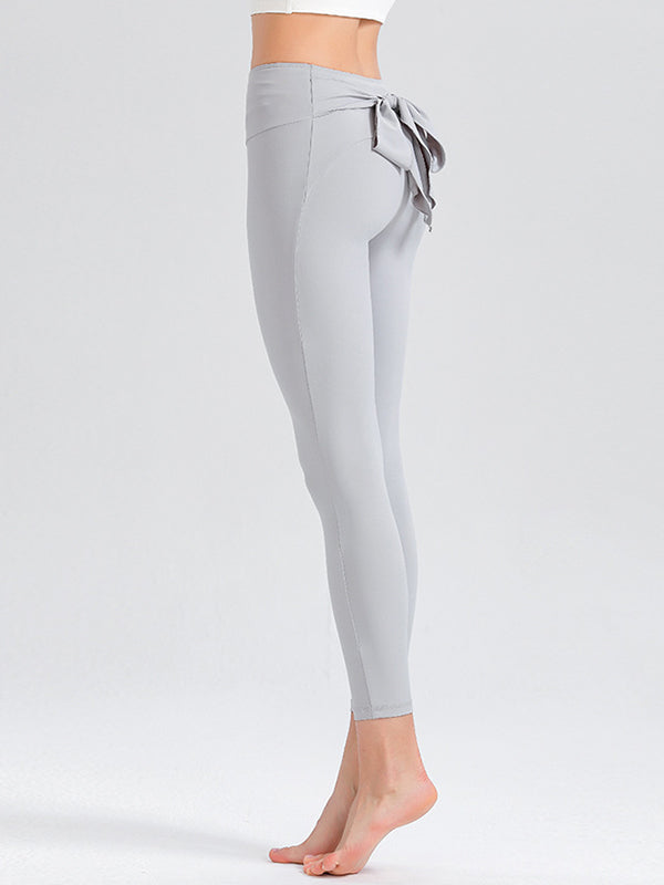 Bow-Embellished Solid Color Tights Skinny Wrap Yoga Bottoms