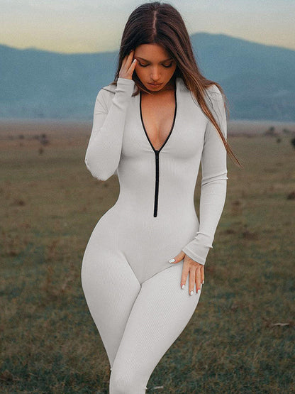 Skinny Wrap Solid Color Zipper Round-Neck Jumpsuits