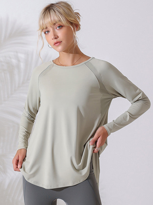 Long Sleeves Loose Hollow Solid Color Round-Neck Yoga Tops