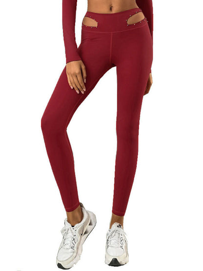 Skinny Wrap Beads Hollow Solid Color Leggings