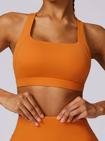 Skinny Wrap Back Cross Hollow Solid Color Square-Neck Sports Bra