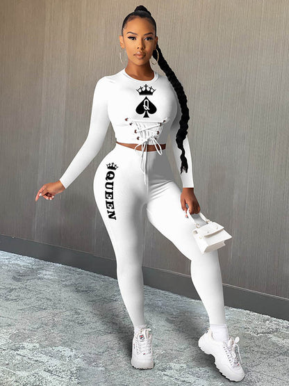 Long Sleeve Spades Q Playing Card Q Tie Top&Leggings Suits