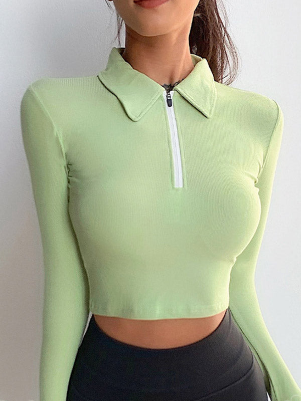 Solid Color Slim-Fit Lapel Long Sleeve Fitness Top