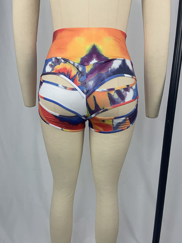 Stylish Colorful Print High-Waisted Hollow Simple Slim Sports Shorts