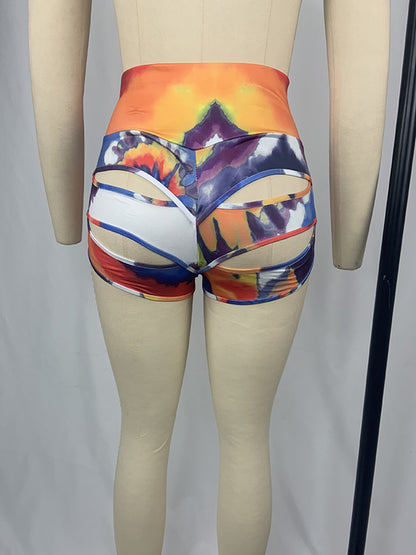 Stylish Colorful Print High-Waisted Hollow Simple Slim Sports Shorts