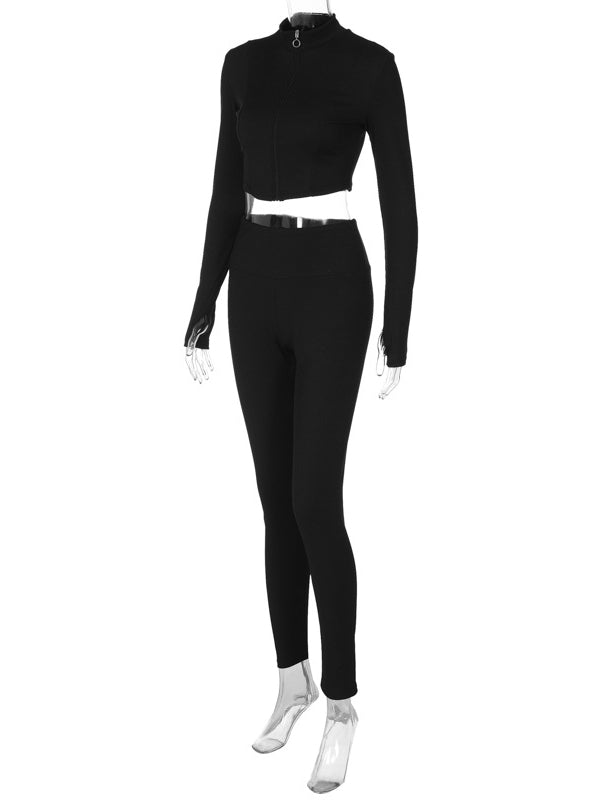 Cropped Wrap High-Waisted Solid Color Zipper Tee&Pants Suits