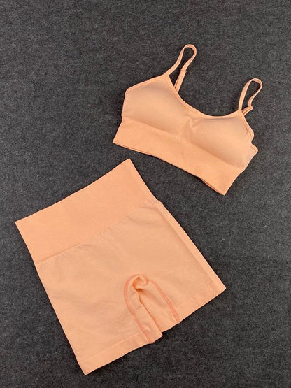 High-Waisted Solid Color Spaghetti-Neck Sports Bra&Shorts