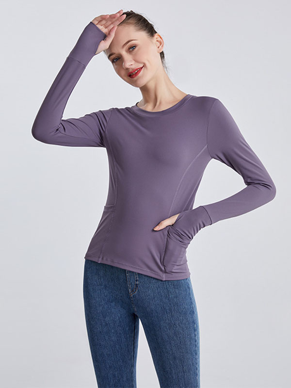 Long Sleeves Wrap Pockets Solid Color Round-Neck Yoga Tops