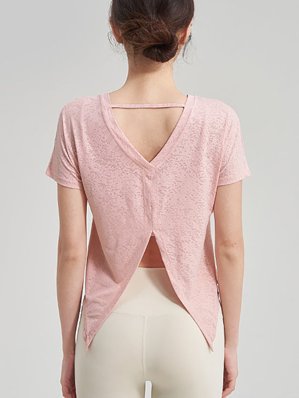 Loose Cover-Ups Tops Solid Color T-Shirts Split-Back Tee Split-Joint Round-Neck Yoga Tops