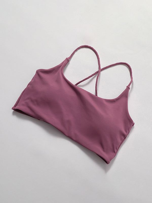 Back Cross Hollow Solid Color Spaghetti-Neck Sports Bra