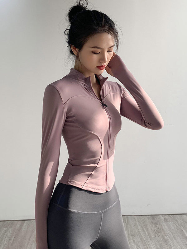 Long Sleeves Skinny Solid Color Zipper Stand Collar Yoga Tops