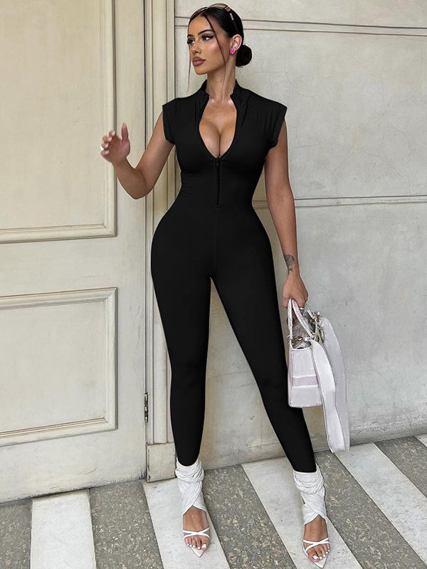 Sleeveless Solid Color Zipper High-Neck Jumpsuits