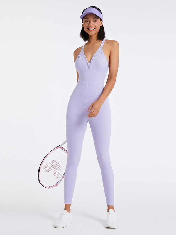 Lulu Solid Color Button Fitness Jumpsuit