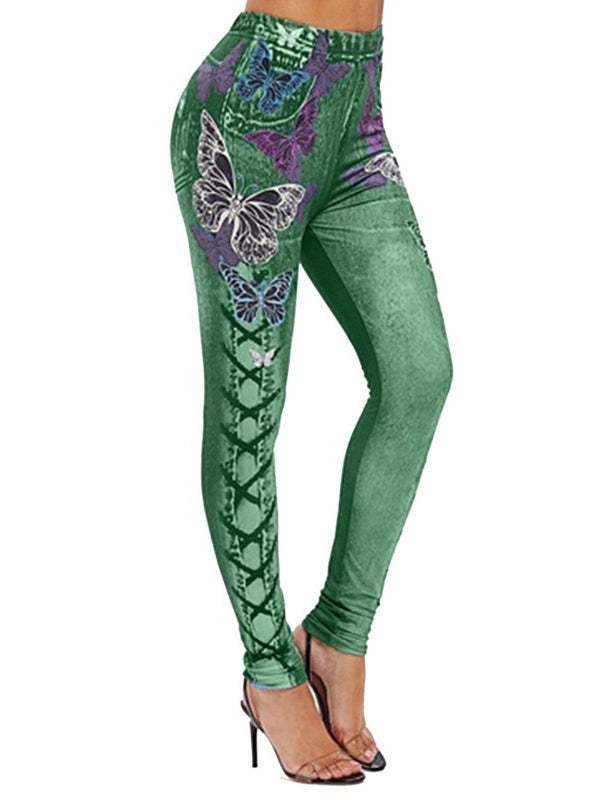 Fashion High-Waisted Butterflies Print Slim Fitness Leggings