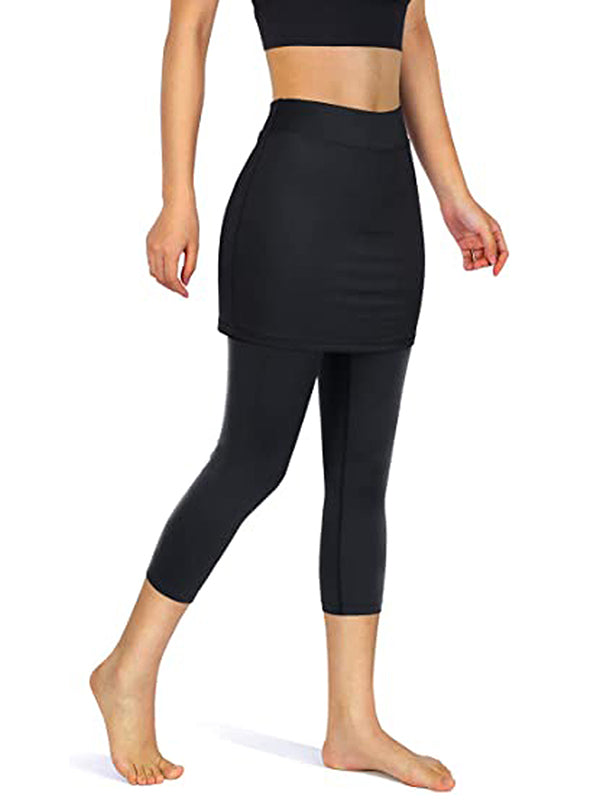 False Two Skinny Yoga Bottoms Pockets Solid Color Cropped Trousers