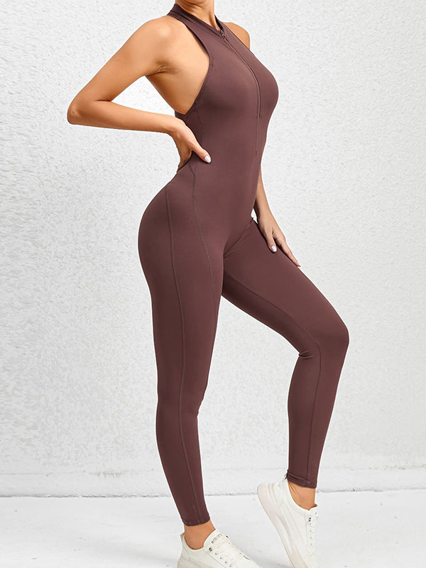 Skinny Sleeveless Hollow Solid Color Zipper Round-Neck Jumpsuits