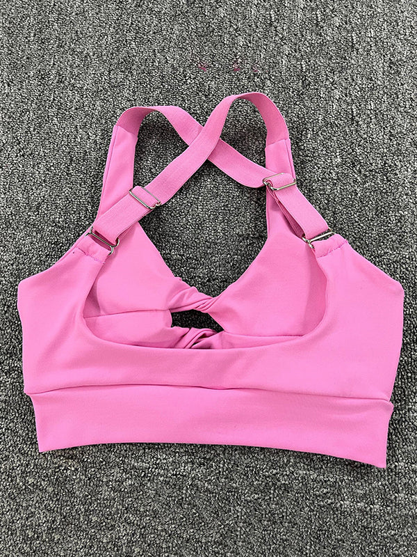 Skinny Wrap Hollow Halter-Neck Sports Bra&Pockets Shorts Solid Color Suits