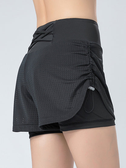 Drawstring Hollow Pockets Solid Color Sports Shorts