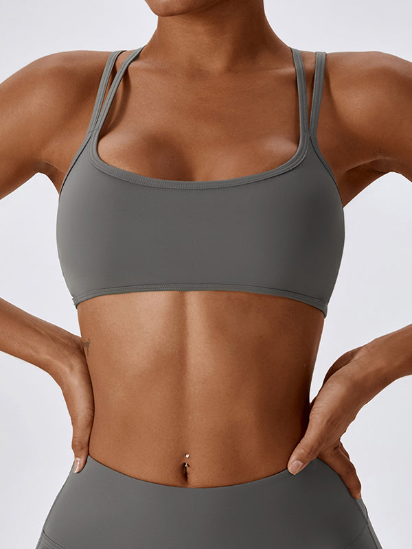 Wrap Back Cross Hollow Solid Color Spaghetti-Neck Sports Bra