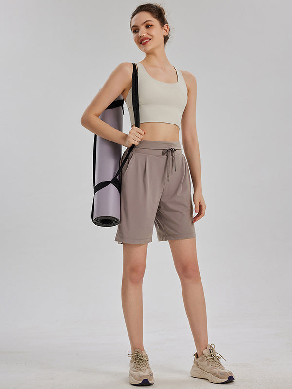 Loose Bandage Drawstring Elasticity Pockets Solid Color Sports Shorts