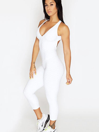 Solid Honeycomb Pattern Backless Yoga Jumpsuits