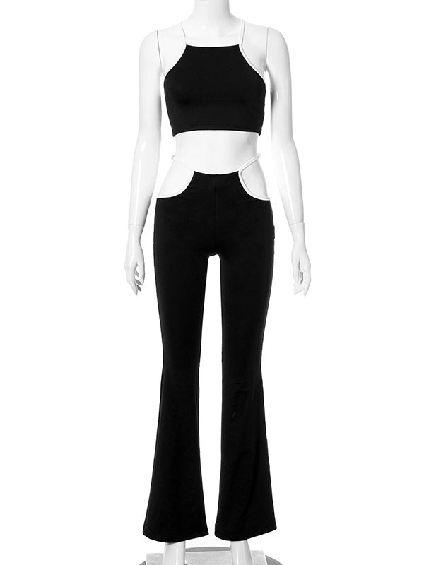 Color-Block Belly-Hollow Wrap Skinny Spaghetti-Neck Suits