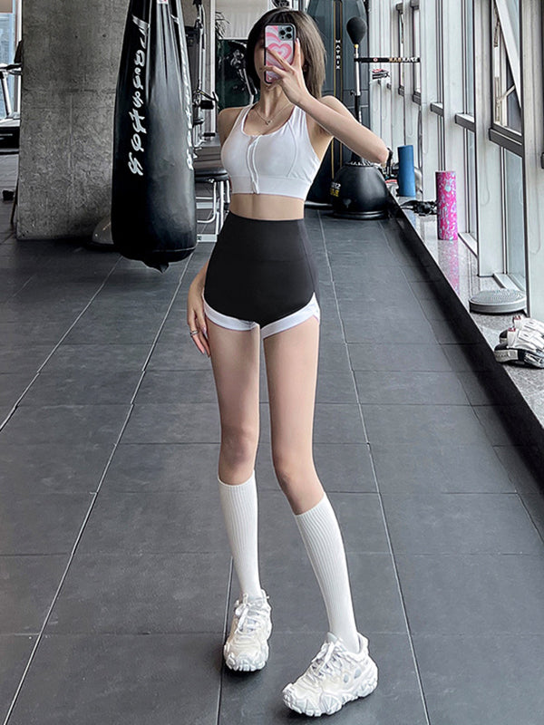 Skinny Wrap Yoga Bottoms Color-Block High-Waisted Sports Shorts