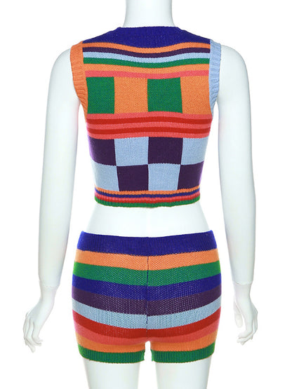 Sleeveless Multi-Colored Round-Neck Tank&Shorts Suits