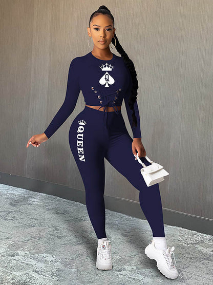 Long Sleeve Spades Q Playing Card Q Tie Top&Leggings Suits