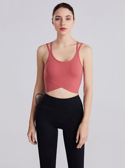 Wrap Back Cross Hollow Solid Color Spaghetti-Neck Sports Bra