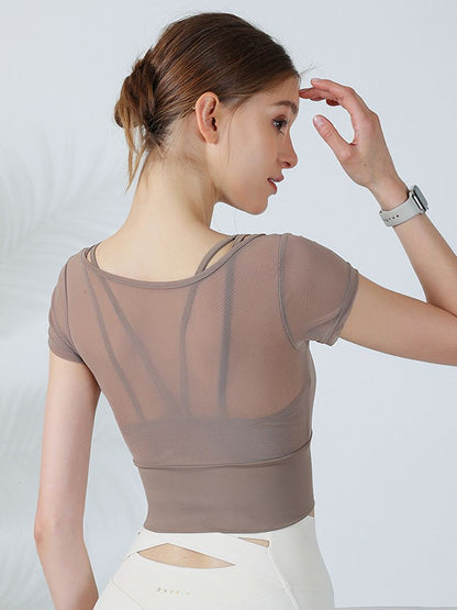 False Two Skinny Hollow Solid Color Split-Joint Spaghetti-Neck Yoga Tops