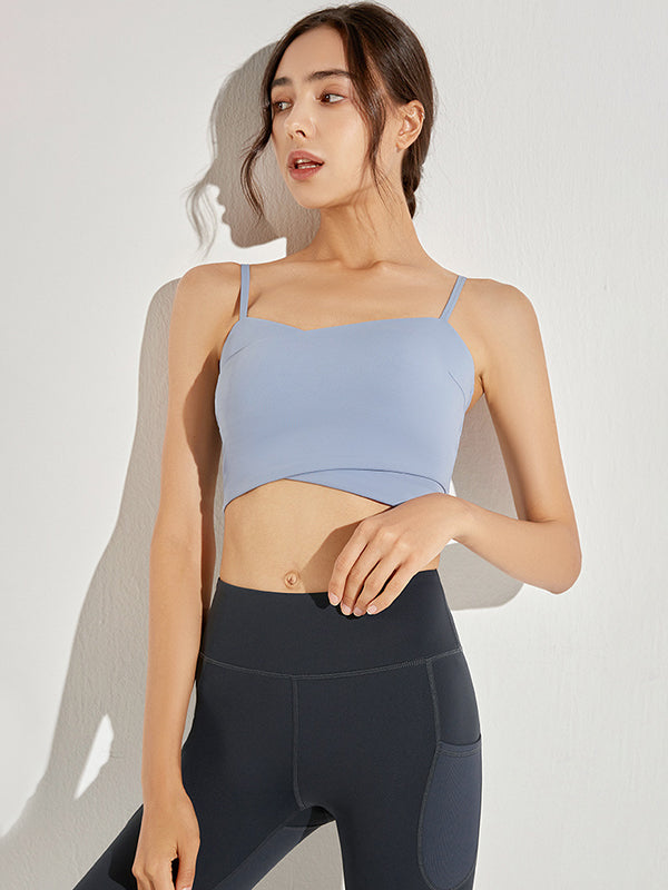 Detachable Hollow Solid Color Spaghetti-Neck Sports Bra