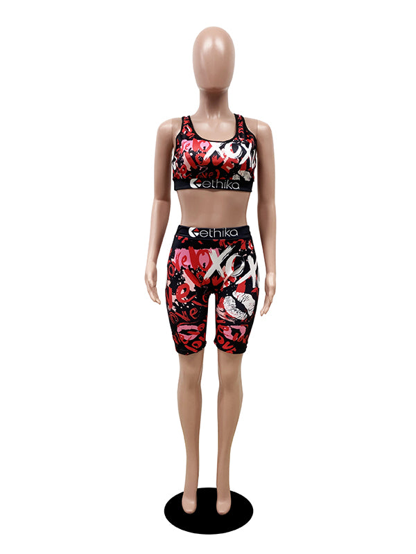 Sleeveless Hollow Letter Print Spaghetti-Neck Sports Bra&Shorts Suits