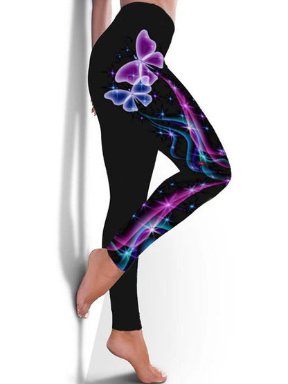 Printed Denim Butterfly High Waist Leggings