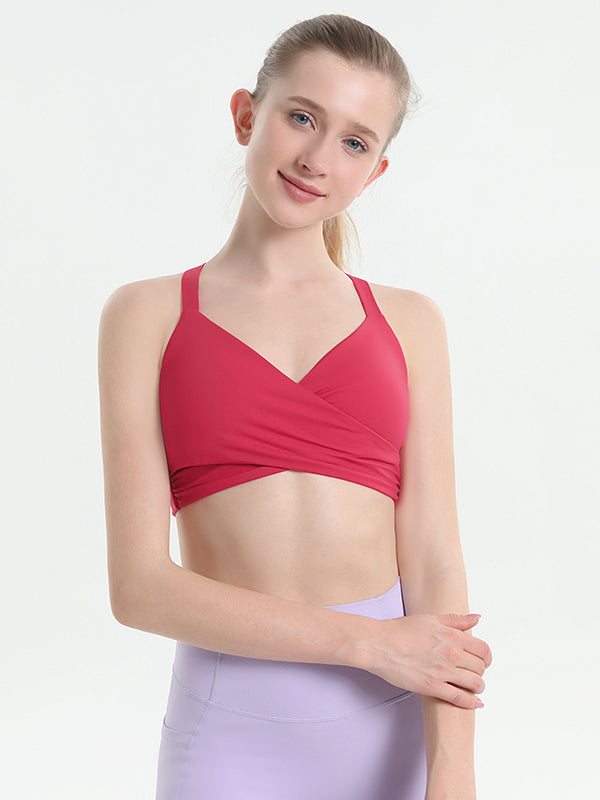 Skinny Wrap Back Cross Hollow Solid Color V-Neck Sports Bra