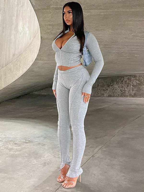 Long Sleeves Wrap Solid Color Zipper High-Neck Jackets&Pants Suits