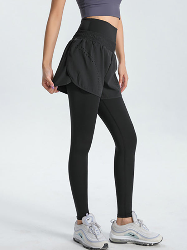 False Two Wrap High-Waisted Solid Color Sports Shorts&Leggings