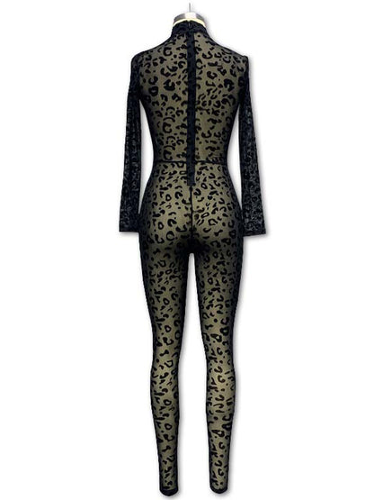 Skinny Wrap Leopard See-Through Round-Neck Jumpsuits