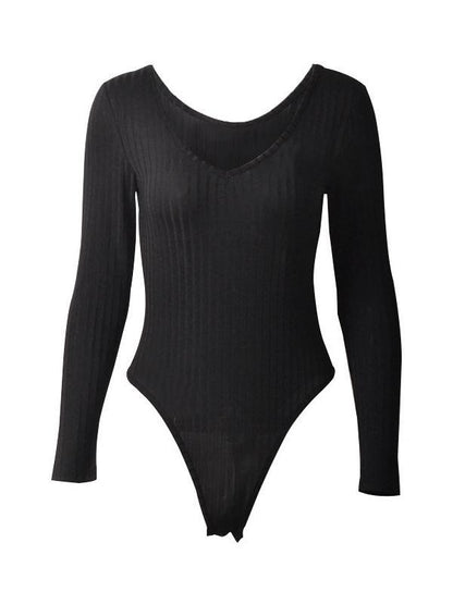 Sexy Solid Color V-Neck Long Sleeves Bodysuits