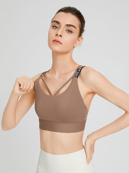 Back Cross Hollow Letter Print Solid Color Spaghetti-Neck Sports Bra