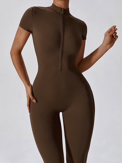 Wrap Solid Color Zipper High-Neck Yoga Jumpsuits