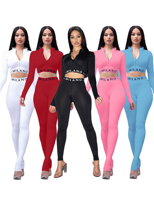 Solid Color Sexy Tight Zipper Midriff-Baring Sports Suit