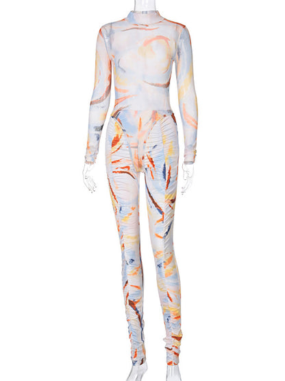 Tie-Dye Printed Long-Sleeved Bodysuits&Leggings Suits