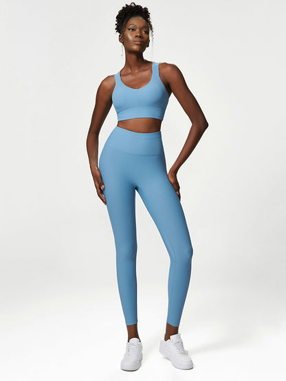 Solid Color Wrap Back Cross Bra&Leggings Suits