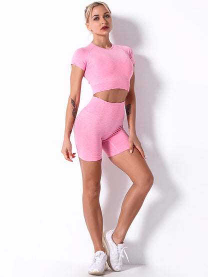 Solid Color Short Sleeve Slim High-Waisted Shorts Yoga Suit