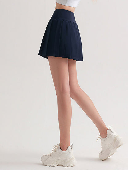 Loose Pleated Pockets Solid Color Sports Skirts