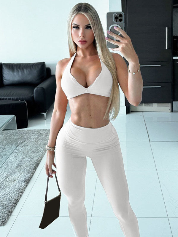 Backless High-Waisted Solid Color Zipper Halter-Neck Sports Bra&Leggings Suits